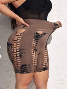 SHEIN SXY Plus Size Seamless Knit Ripped Tie Dye Leggings - Multicolor - View 3