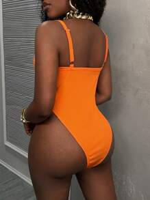 Slaydiva Macaquinho feminino laranja listrado básico para verão casual e simples, estilo Y2K com suspensórios em forma de U, decote trançado e estampa cruzada picante e doce - E - Laranja - Visão 3