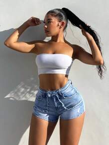 SHEIN SXY Quần Short Denim Màu Trơn Có Túi, Phiên Bản Mùa Hè Gợi Cảm - Rửa nhẹ - Xem 1