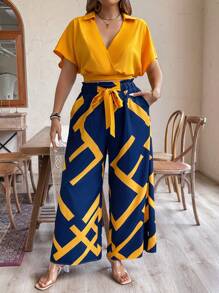 SHEIN LUNE Conjunto casual de 2 piezas para mujeres de talla grande en verano con top corto de manga murciélago y pantalones de pierna ancha a cuadros