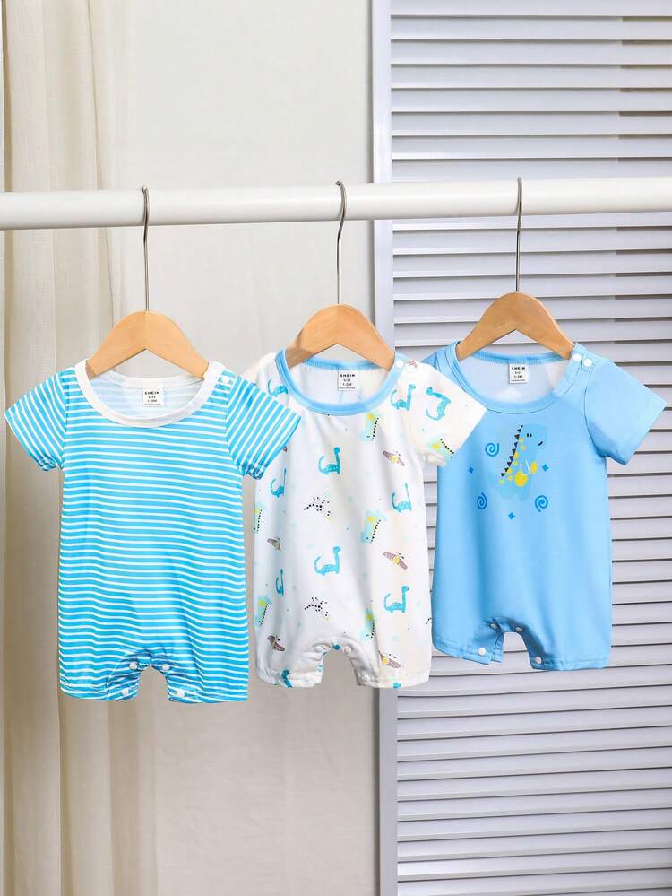 Baby Boy 3pcs Striped & Cartoon Graphic Romper