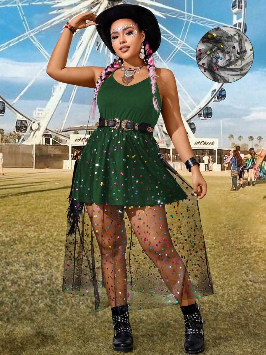 SHEIN LUNE Vestido casual de tiras de mujer de talla grande con contraste de malla y lentejuelas, con estilo occidental - Verde Oscuro - Ver 1