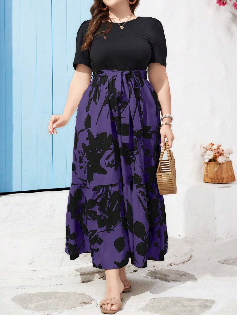 SHEIN Holidaya Vestido de talla grande para vacaciones y ocio con diseño de parches en colores contrastantes y estampados aleatorios - Morado - Ver 1