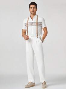 Manfinity Homme 男士編織直腿背帶連身褲，日常休閒穿著，適用於春夏季節 - 白色 - 查看 3