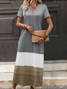 SHEIN LUNE Robe à manches courtes pour femmes à blocs de couleurs à la mode