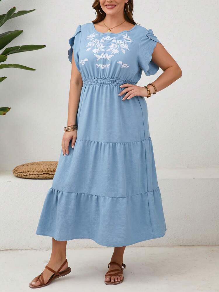 Plus Size Women's Fashionable And Elegant Printed A-Line Dress With Cinched Waist