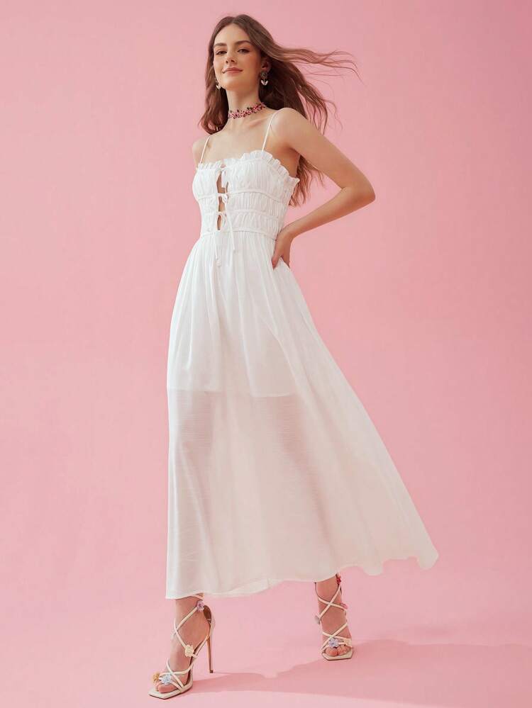 Women's White Summer Holiday Frill Trim Spaghetti Strap Bow Dress