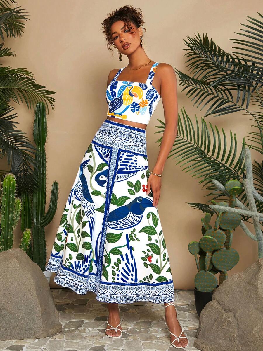 Travachic Urlaubs-Strick-Bedrucktes Crop Top & High-Waist Rock Damen 2-Teiliges Set, Hawaii Kleid - Blau-Weiß - Übersicht 1