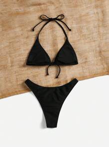 SHEIN Swim Women's Solid Color Halter Halter Sexy Bikini Set, Summer Beachwear - Black - View 2