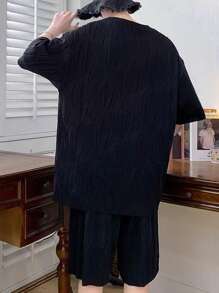 男式夏季實色圓領傾肩休閒T恤和短褲套裝 - 黑色 - 查看 3