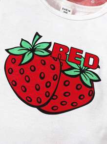 Conjunto de verano para bebé niña con camiseta de manga corta estampada de fresa y pantalones cortos de mezclilla bordados con fresas - Blanco - Ver 4
