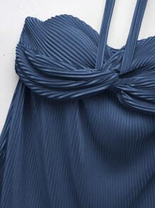 Comfortcana Solid Color Pleated Neck Halter Top & Shorts Set For Summer - Blue - View 8