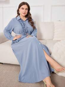 Al Najma Quần áo Ả Rập đơn hàng cỡ lớn cho nữ có tay dài trơn và viền xếp nếp - Màu xanh bụi bặm - Xem 6