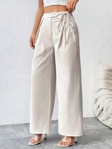 SHEIN PETITE 高腰褶皺細節扭結側邊寬褲 - 卡其色 - 查看 3