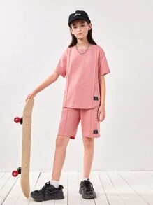 SHEIN Tween Girls' Loose Fit Casual Round Neck Letter Patched T-Shirt And Shorts Set - Pink - View 3
