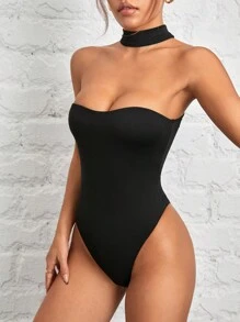 SHEIN PETITE Women's Halterneck Reversible Black Bodysuit