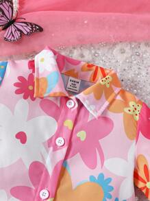 SHEIN Baby Mädchen Sommer Blumendruck Kurzarm Shirt & Shorts Mit 3d Blumen Verziertem Riemen
