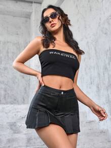 SHEIN EZwear Women's Fashionable Pleated A-Line Denim Skirt - Black - View 7