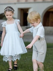 SHEIN Glamorique Kids 年輕女孩方領純色蕾絲拼接無袖可愛派對連衣裙，夏季 - 白色 - 查看 2