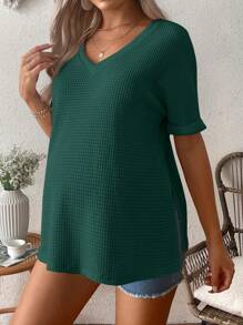 SHEIN Maternity Solid Color Casual Fit T-Shirt With Slit Hem, Summer - Green - View 3