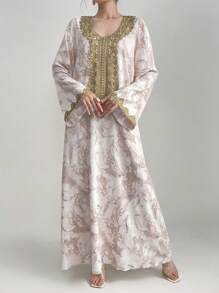 Al Najma Váy dài tay chuông trang trí ren tan trong nước thanh lịch dành cho nữ mùa xuân/hè, Kaftan - Màu Khaki - Xem 3