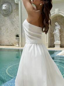 Aloruh Elegant Strapless Boned Bodice Top & Umbrella Skirt Set For Women - White - View 7
