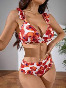The Wizard of Oz X SHEIN Women's Summer Floral Printing Two-Piece Bikini Set, Flutter Sleeve Sexy Bikini Set For Vacation - Orange - View 1