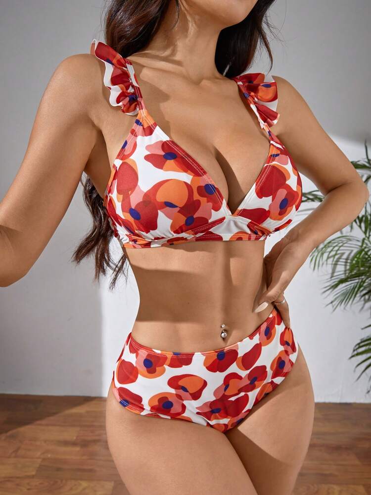 Women's Summer Floral Printing Two-Piece Bikini Set, Flutter Sleeve Sexy Bikini Set For Vacation