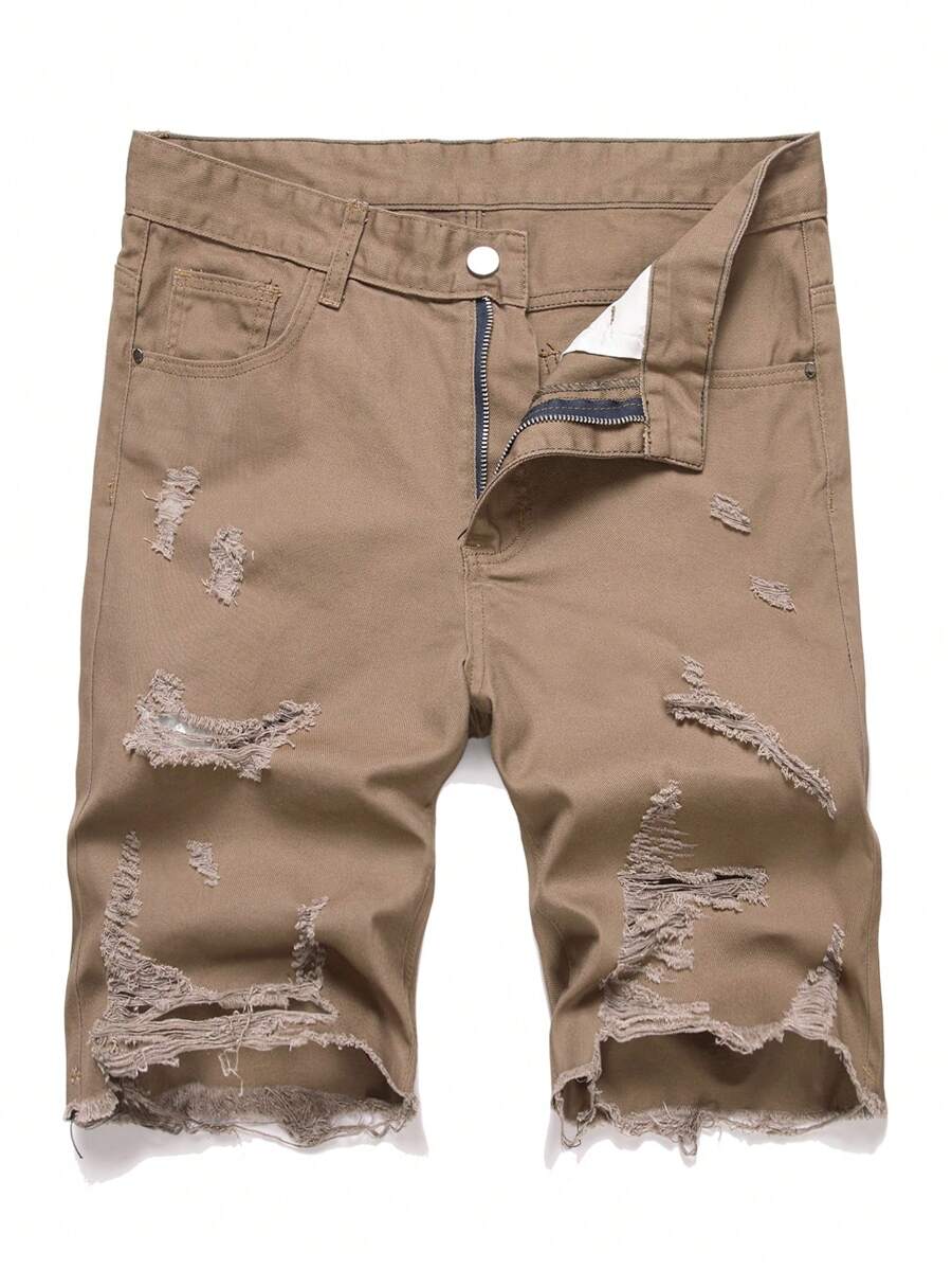 Men's Casual Distressed Pocket Denim Shorts - Khaki - View 1