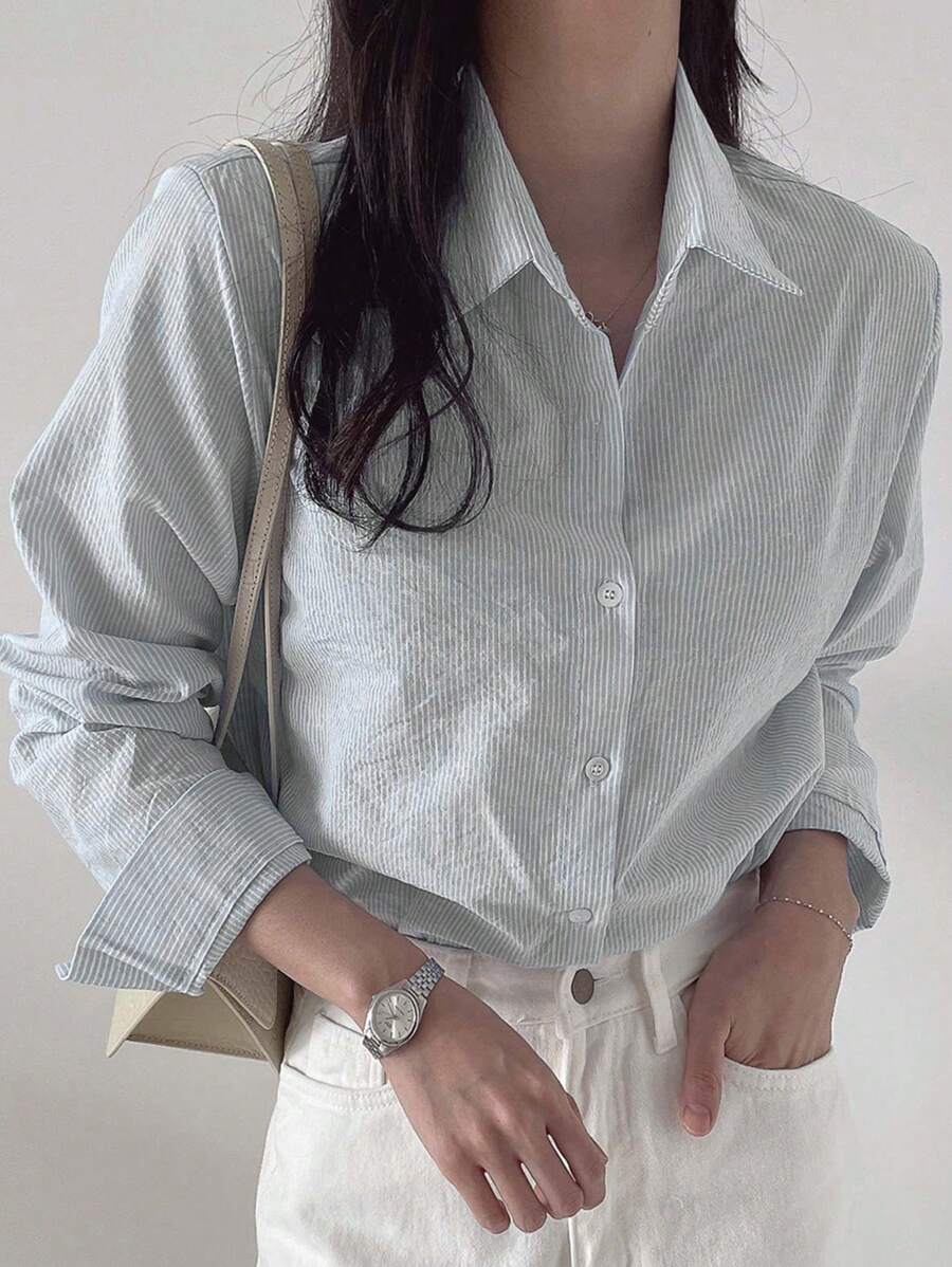 DAZY Áo sơ mi dài tay đơn giản hàng ngày màu trơn dành cho nữ, Quần áo nữ mùa thu - Màu Xám nhạt - Xem 1