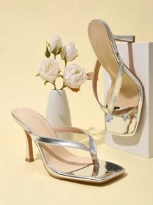 Spring/Summer Classic Simple Strappy Thong Women's High Heel Sandals - Silver - View 5