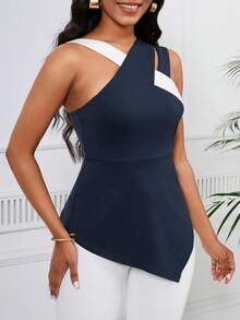 SHEIN Lady Débardeur femme asymétrique slim de couleur unie simple et mode avec design en croix - Bleu marine - Voir 6