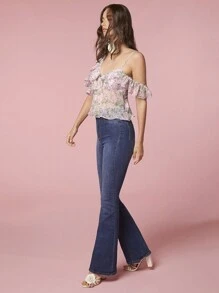 Enchnt Women's Summer Ditsy Floral Splice Off Shoulder Elegant Blouse With Ruffles