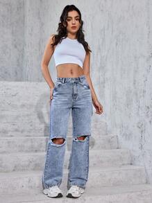 SHEIN PETITE Jeans rasgados de unicolor y sencillos para mujer para uso diario