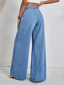 SHEIN Tall Quần jean ống rộng thông thường dành cho nữ cho kỳ nghỉ Quần denim màu xanh vừa vặn thông thường - Rửa trung bình - Xem 3