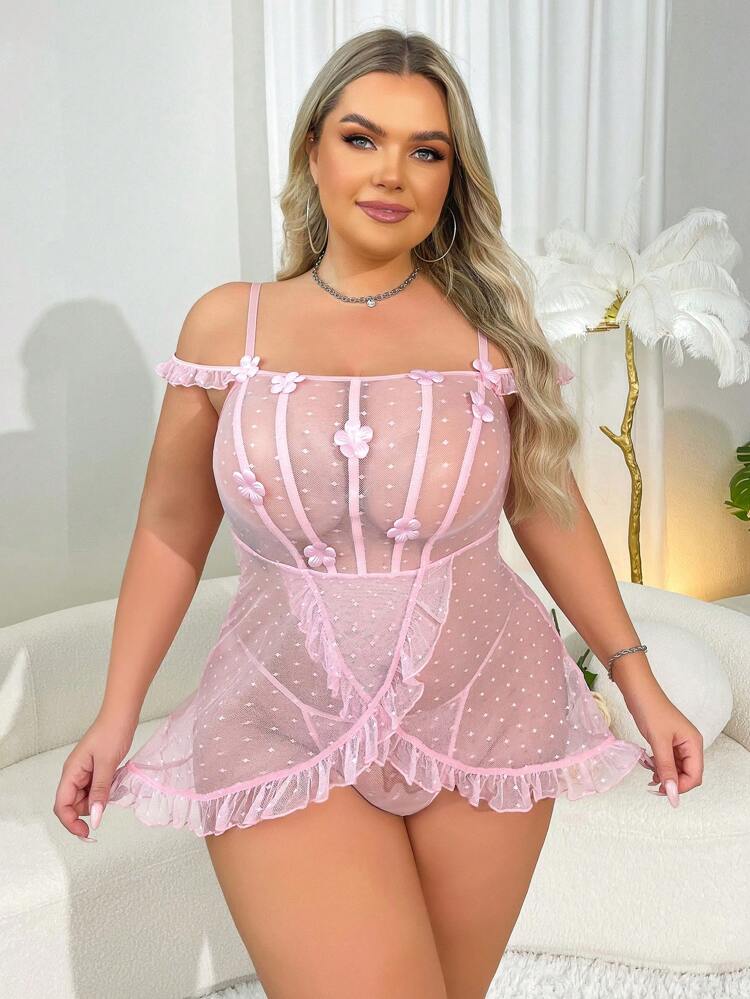 2pcs Romantic Series 3D Flower & Ruffle Edge Sexy Lingerie Set