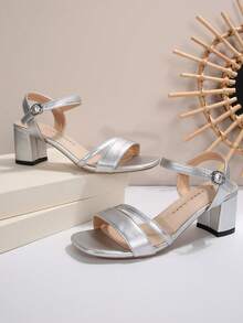 Sandalias plateadas de tacón alto para mujer, zapatos cómodos de novia, zapatos de verano, punta abierta, tacón grueso - Plateado - Ver 4