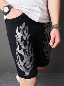Manfinity Roughcore Men's Printed Loose Fit Bermuda Denim Shorts With Pockets - Black - View 3