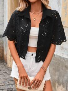 SHEIN Clasi 度假休閒純色空心刺繡貝殼邊襯衫 - 黑色 - 查看 5