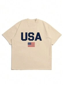 2025 Men's Casual Round Neck Short Sleeve T-Shirt With Letter And American Flag Print, Summer, 4th Of July