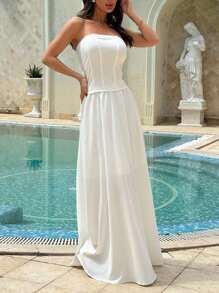 Aloruh Elegant Strapless Boned Bodice Top & Umbrella Skirt Set For Women - White - View 5