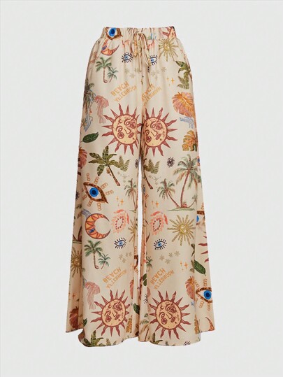 Hippie Pantalon évasé décontracté imprimé Bohème Vacances Lune, Étoiles et Tournesol