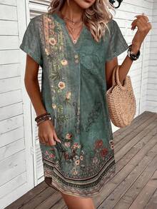 EMERY ROSE Vestido azul marino casual con botones ocultos y pequeño escote en V - Verde - Ver 6