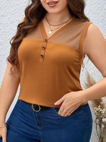 SHEIN LUNE Plus Half Button Curved Hem Tank Top - Brown - View 6