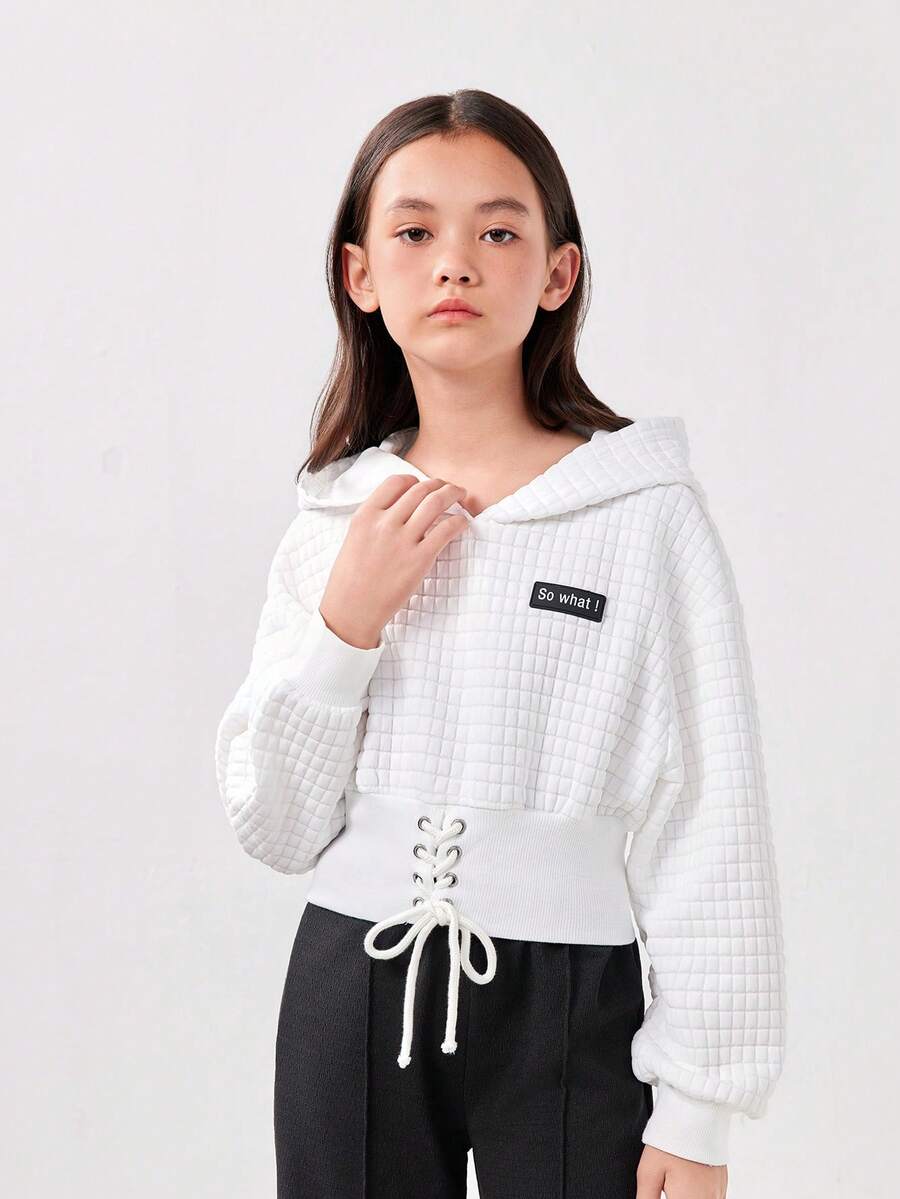 SHEIN Áo nỉ nữ tuổi teen, phối chữ, kiểu dáng vai rớt, thắt dây phía trước, có chi tiết vá chữ. - trắng - Xem 1