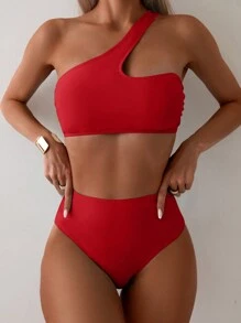 SHEIN Swim Bộ bikini hở lưng gợi cảm màu trơn 2022 dành cho nữ, kỳ nghỉ hè ở bãi biển - Đỏ - Xem 1