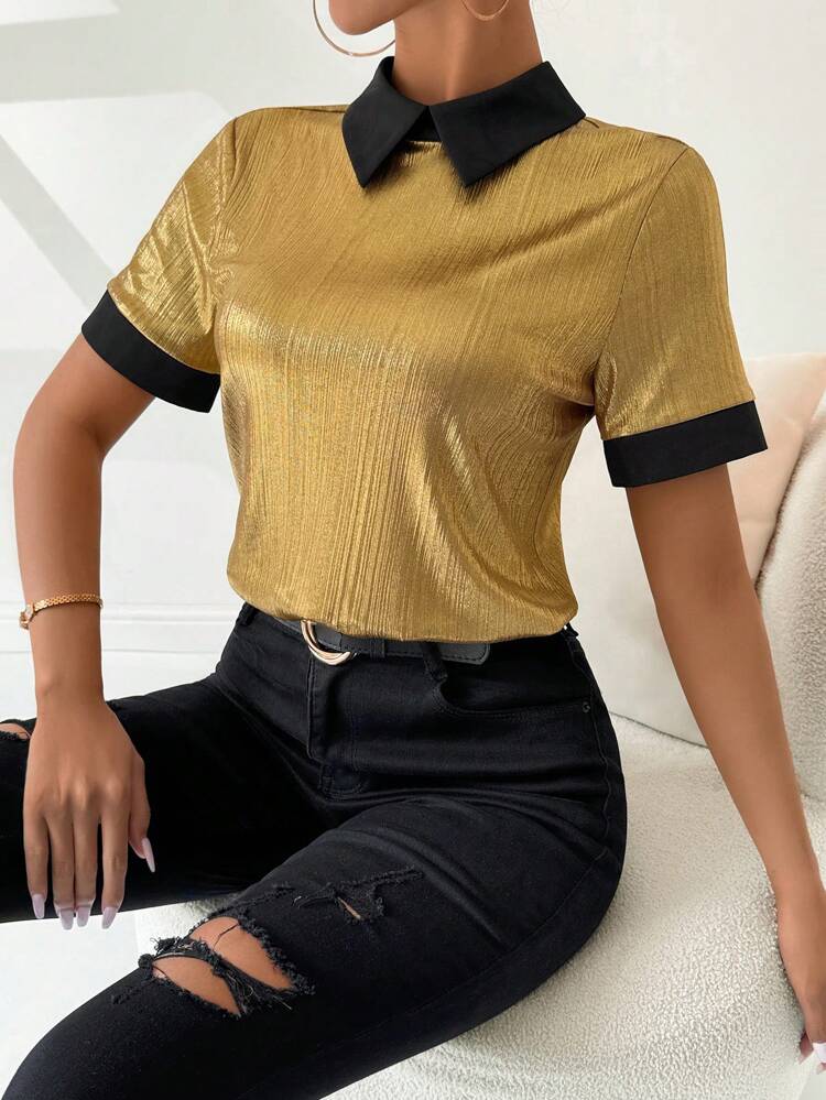 Summer Color-Block Polo Collar Short Sleeve Slim Fit T-Shirt With Foil Printing