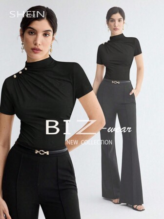 BizChic Camiseta de manga corta plisada de unicolor y elegante para mujer, conjunto de vestir casual para damas, maestras, oficina, escuela, top básico