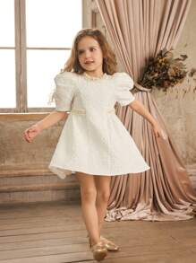 Rundhalsausschnitt Blumen Jacquardkleid Für Kleine Mädchen Mit Fake Perlen Gürtel Und Spitzenbesatz - Weiss - Übersicht 7