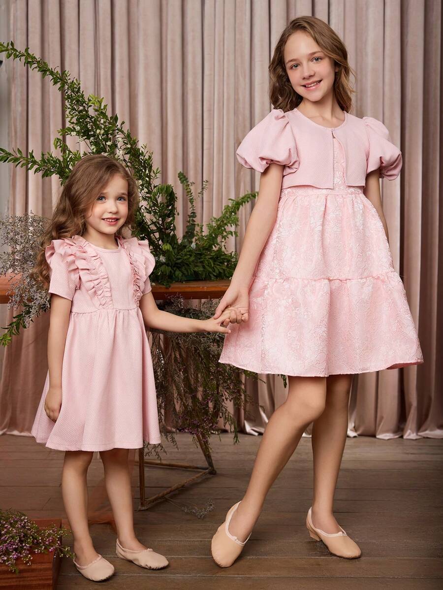 SHEIN Vestido Redondo De Manga Corta De Cuello Redondo Para Niña Adolescente Con Triple Dobladillo Y Diseño Floral De Jacquard - Rosa - Ver 1
